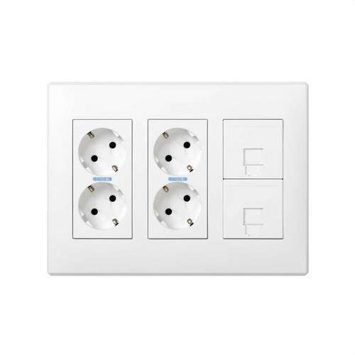 Kit cutie perete de suprafață sau încastrată pentru 3 elemente duble cu 2 prize duble și 2 plăci 1 RJ45 alb Simon 500 Cima cu referința 51000301-030 de la marca SIMON