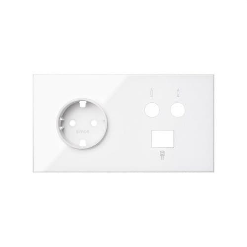 Kit frontal pentru 2 elemente cu 1 priză schuko, 1 priză R-TV+SAT unică cu 1 conector RJ45 6 UTP alb strălucitor Simon 100 cu referința 10020208-130 de la marca SIMON