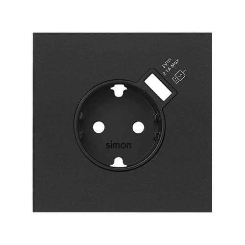 Kit frontal pentru 1 element cu 1 priză schuko cu încărcător USB integrat negru mat Simon 100 cu referința 10020109-238 de la marca SIMON
