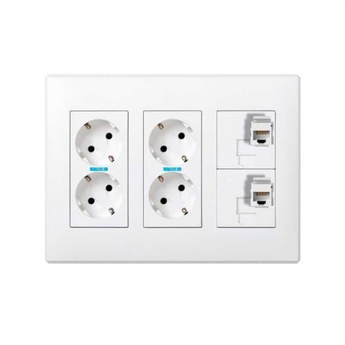 Kit cutie perete de suprafață sau încastrat 3 elemente duble cu 2 prize duble și 2 plăci 1 RJ45 6 UTP alb Simon 500 Cima cu referința 51000307-030 de la marca SIMON