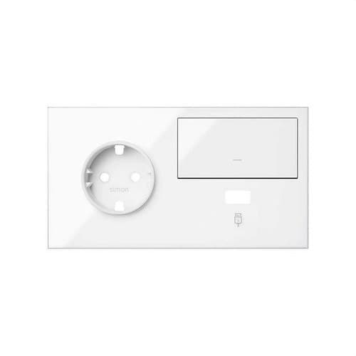 Kit frontal pentru 2 elemente cu 1 priză schuko, 1 buton și 1 încărcător USB stânga alb lucios Simon 100 cu referința 10020207-130 de la marca SIMON