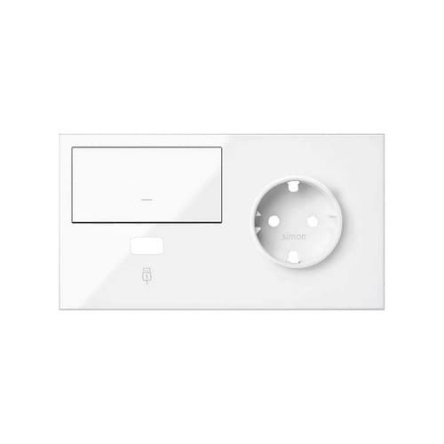 Kit frontal pentru 2 elemente cu 1 priză schuko, 1 buton și 1 încărcător USB dreapta alb strălucitor Simon 100 cu referința 10020206-130 de la marca SIMON