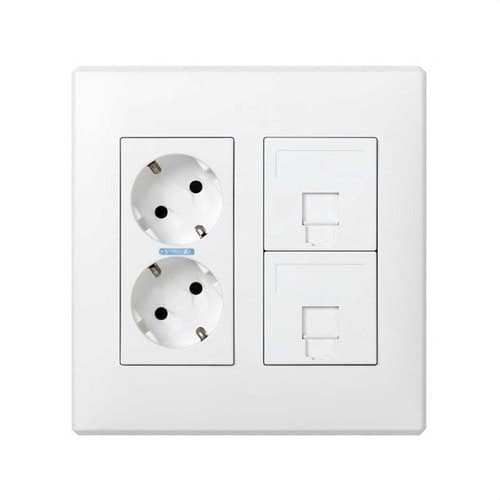 Kit cutie perete de suprafață sau încastrat pentru 2 elemente duble cu 1 priză dublă, 2 plăci pentru 1 RJ45 alb Simon 500 Cima cu referința 51000202-030 de la marca SIMON