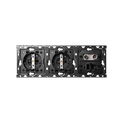 Set back pentru 3 elemente cu 2 prize schuko și 1 priză R-TV+SAT unică cu 1 conector RJ45 Simon 100 cu referința 10010303-039 de la marca SIMON
