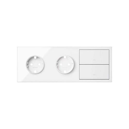 Kit frontal pentru 3 elemente cu 2 prize schuko și 2 taste alb strălucitor Simon 100 cu referința 10020310-130 de la marca SIMON
